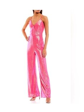 Gianni Bini Pink Sequin Wide-Leg Jumpsuit